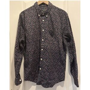 Coastal Floral Calico Print Secret Wash Button Down Stretchy Shirt Size XL Navy